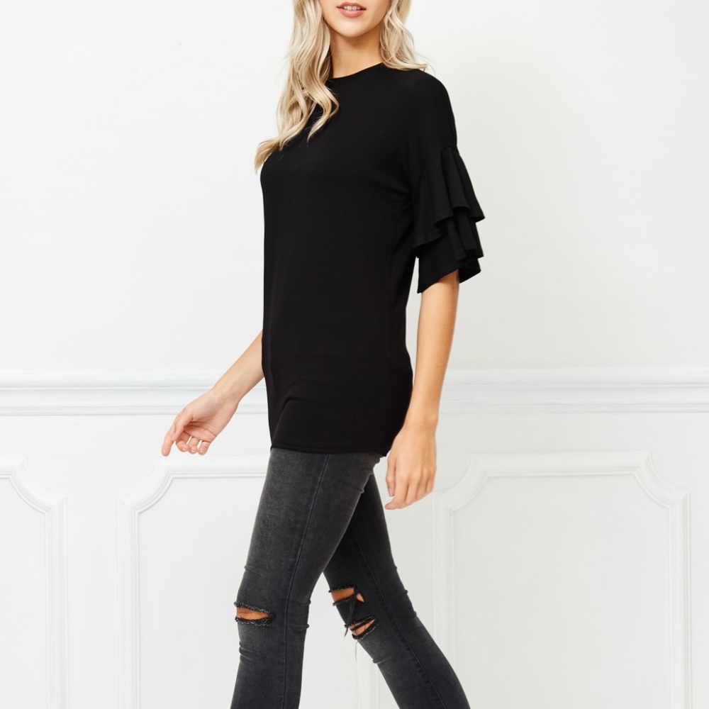 ROUND NECK RUFFLE SLEEVE TOP - Picture 5 of 6